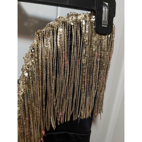 Black Gold Sequin Tassel Tight Fitted Sexy Bodycon Mini Dress Party Club Size S - Picture 11 of 11